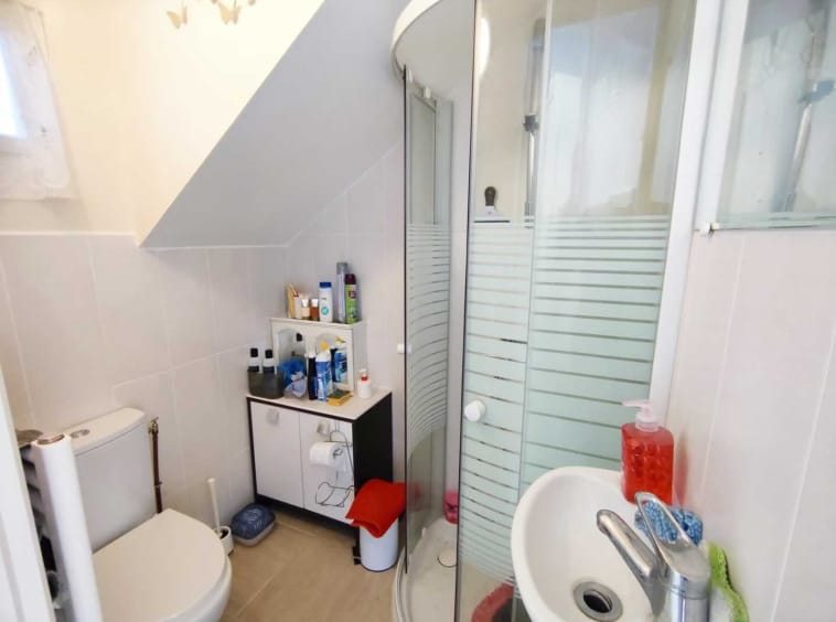 Compact bathroom with shower and toilet.