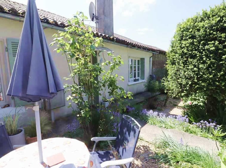 Sunny garden patio with blue umbrella and plants.