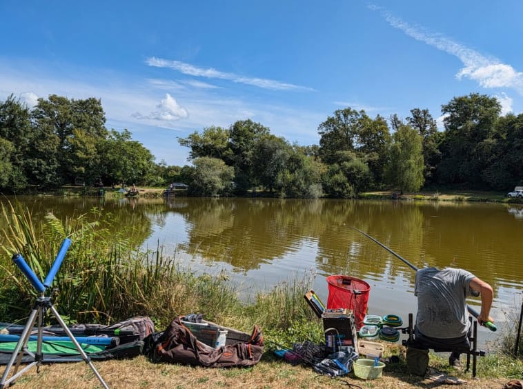 Person fishing by tranquil lake under blue sky.