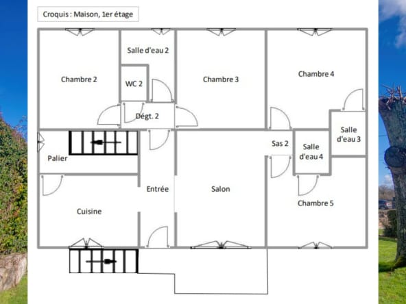 First floor house plan with rooms labelled in French.