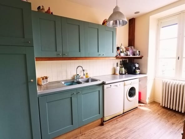 Modern kitchen with green cabinets and wooden floor.